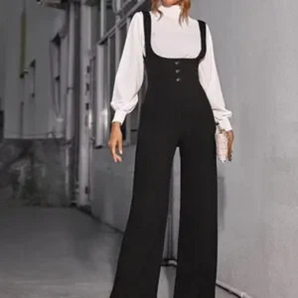 ZARA Black Elegant Women's High Waist Button Front Wide Leg Suspender Jumpsuit